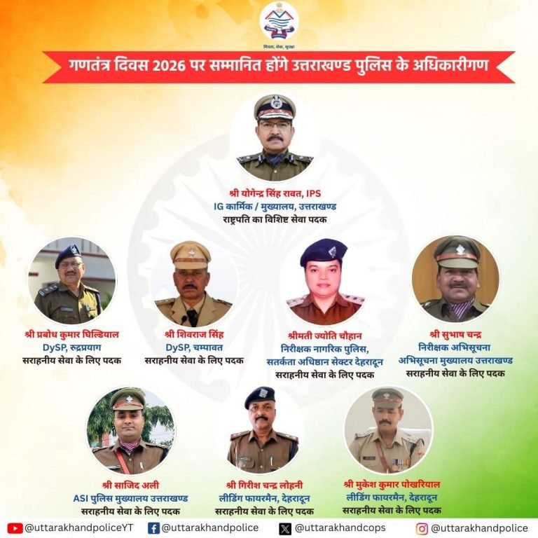 गणतंत्र दिवस–2026 पर उत्तराखण्ड पुलिस के अधिकारी होंगे राष्ट्रीय स्तर पर सम्मानित