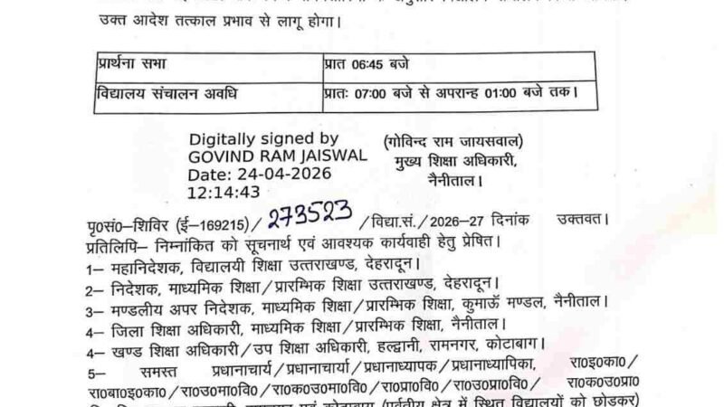 भीषण गर्मी के चलते नैनीताल के विद्यालयों का समय बदला, सुबह 7 से 1 बजे तक होंगे संचालित