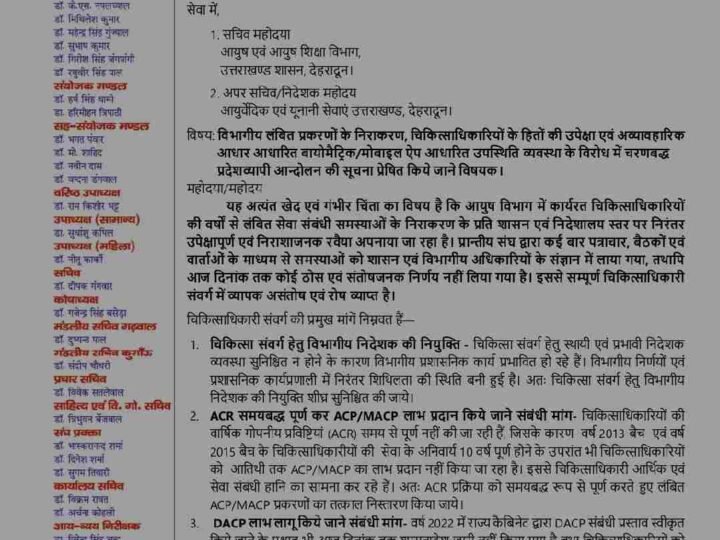 लंबित सेवा मामलों पर आयुष चिकित्सकों का प्रदेशव्यापी आंदोलन, 8 जून से चरणबद्ध विरोध; योग दिवस की तैयारियों पर असर की आशंका