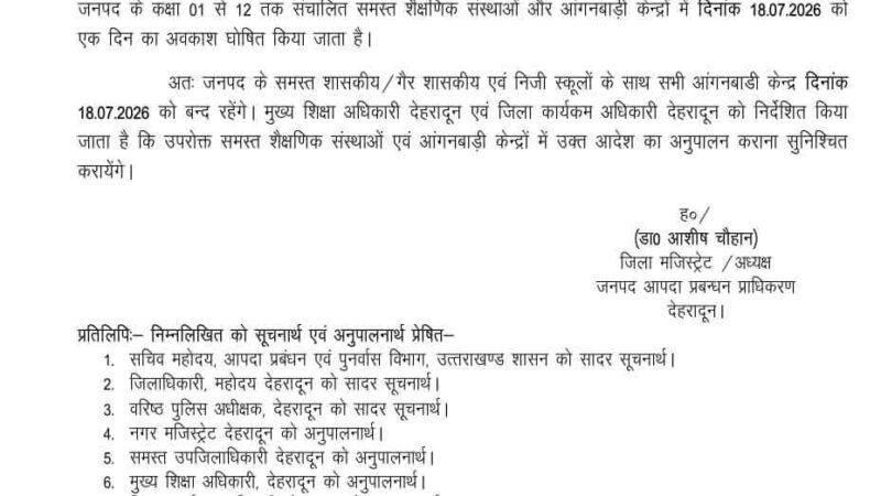 देहरादून में भारी बारिश का अलर्ट: 18 जुलाई को सभी स्कूल और आंगनबाड़ी केंद्र रहेंगे बंद