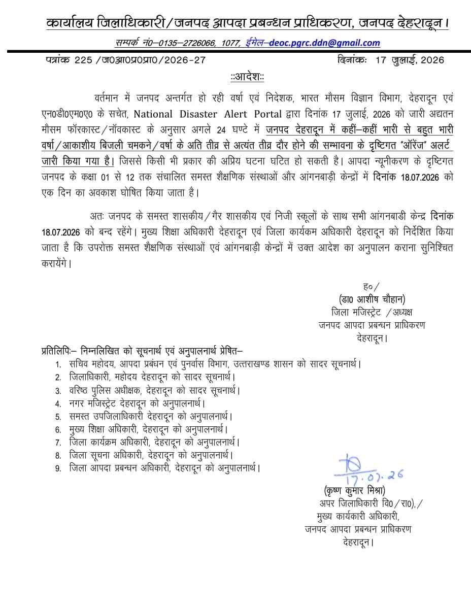 देहरादून में भारी बारिश का अलर्ट: 18 जुलाई को सभी स्कूल और आंगनबाड़ी केंद्र रहेंगे बंद