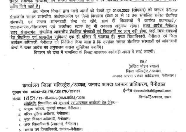 मूसलाधार बारिश के चलते नैनीताल में स्कूल और आंगनबाड़ी केंद्र सोमवार को रहेंगे बंद