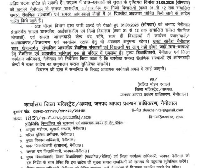 मूसलाधार बारिश के चलते नैनीताल में स्कूल और आंगनबाड़ी केंद्र सोमवार को रहेंगे बंद