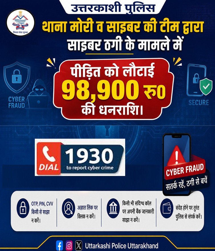 साइबर ठगी के शिकार व्यक्ति को उत्तरकाशी पुलिस ने लौटाए 98,900 रुपये