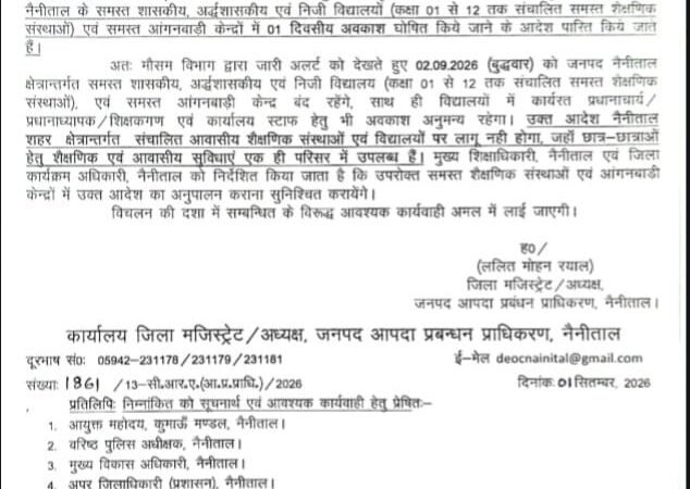 नैनीताल में भारी बारिश का ऑरेंज अलर्ट, 2 सितंबर को स्कूल और आंगनबाड़ी केंद्र बंद