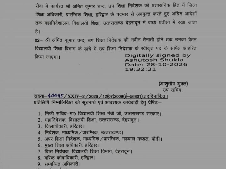 अमित कुमार चन्द जिला शिक्षा अधिकारी के पदभार से मुक्त, महानिदेशालय में बाध्य प्रतीक्षा में रखा