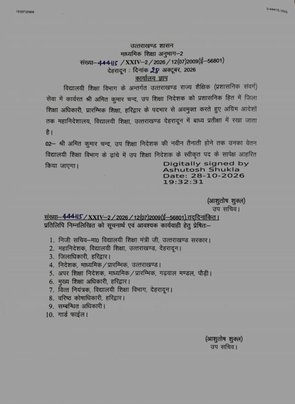 अमित कुमार चन्द जिला शिक्षा अधिकारी के पदभार से मुक्त, महानिदेशालय में बाध्य प्रतीक्षा में रखा