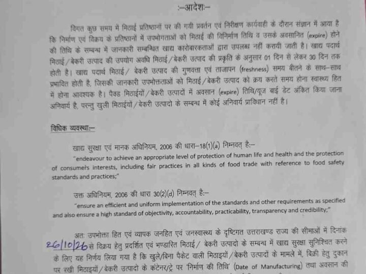 26 अक्टूबर से खुली मिठाइयों पर भी लिखनी होगी निर्माण और उपयोग की अंतिम तिथि
